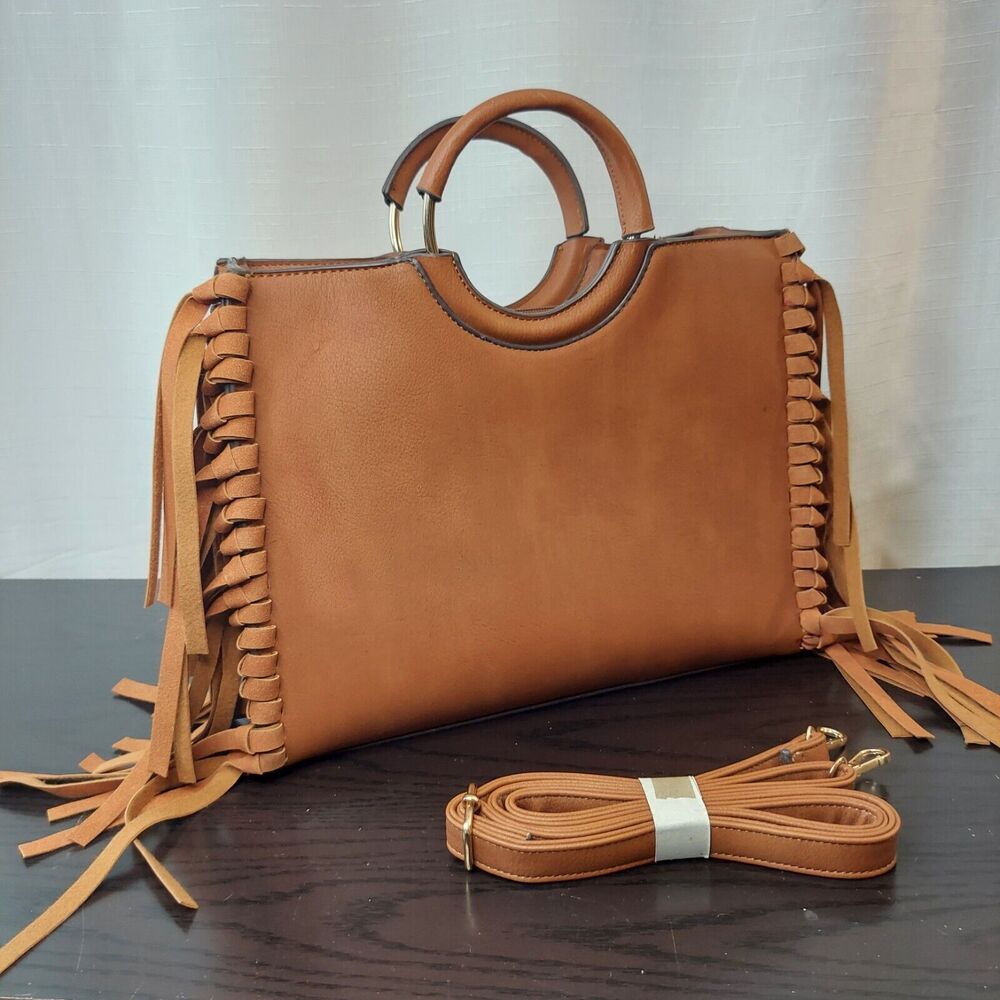 Brown Sachel Faux Leather Tassled Round Handles / Crossbody Strap, Zip Closure